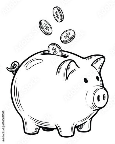 A classic piggy bank receiving multiple dollar coins is a timeless symbol of saving money, financial growth, and secure investment for personal finance concepts