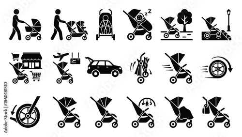 Baby stroller icon set illustrating types, functions like pushing, folding, shopping, airport, park, and safety features for modern parenting resources.