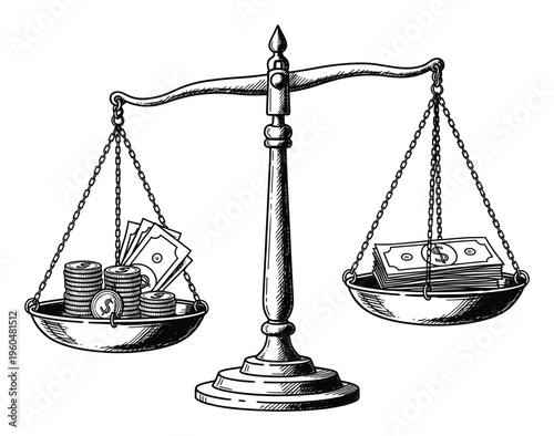 A vintage balance scale weighing stacks of dollar banknotes and coins on both sides, symbolizing financial equilibrium, wealth management, and economic decisionmaking applications.