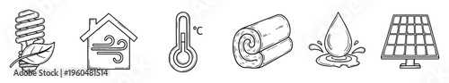 Collection of energy efficiency and sustainable living icons for home improvement projects and environmental awareness campaigns illustrating green technology and resource conservation