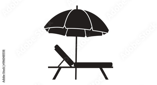 A black silhouette depicts a beach chair and open parasol suggesting relaxation and summertime leisure silhouette high quality
