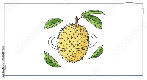 Vibrant spiky tropical fruit with green leaves in a playful outline illustration style on a white