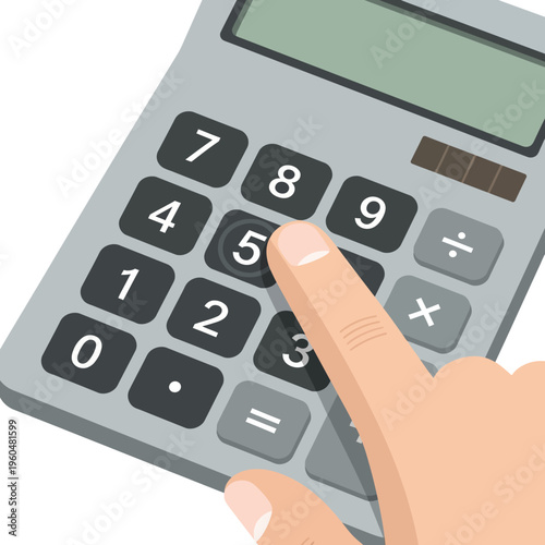 Finger pressing number 5 on a gray calculator keypad, close-up shot