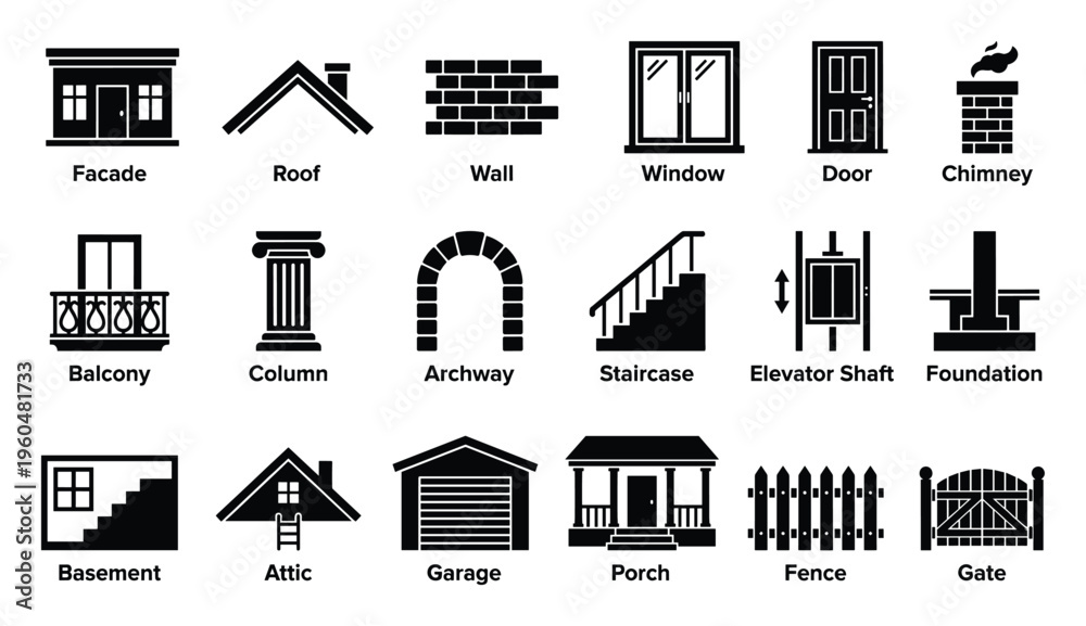 Naklejka premium This comprehensive collection of architectural elements and house parts icons is ideal for construction project plans, building design diagrams, and real estate property listings.