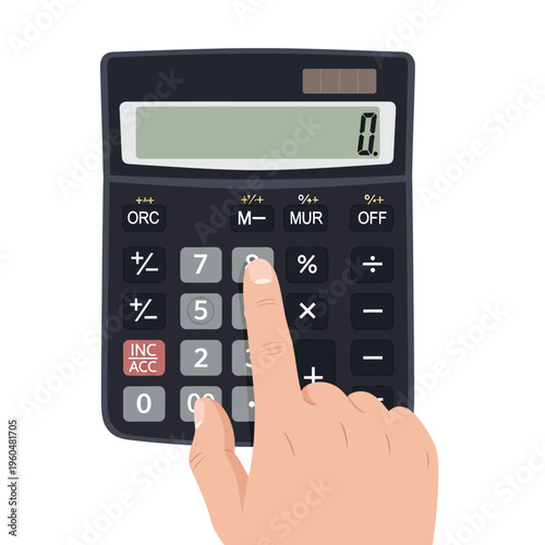 Hand Pressing Button on Calculator for Financial Calculation or Data Entry
