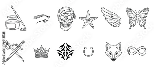 Diverse vector set featuring classic black and white outlines of a pirate skull, elegant butterfly, majestic crown, crossed swords, and mythical fox ideal for print on demand or apparel