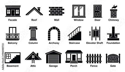 This comprehensive collection of architectural elements and house parts icons is ideal for construction project plans, building design diagrams, and real estate property listings.