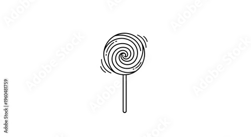 Minimalist black and white outline drawing of a classic spiral lollipop design for a sweet treat