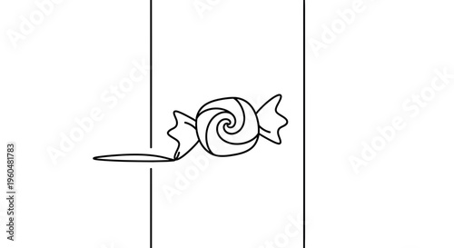 Minimalist black and white line art illustration of a classic wrapped sweet candy or lollipop with