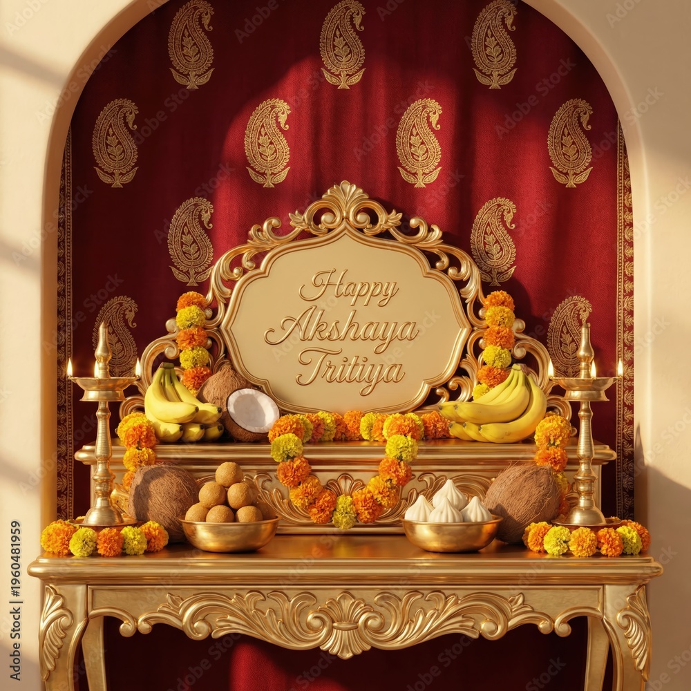 Obraz premium Ornate golden altar adorned with auspicious offerings of bananas coconuts sweets and marigold garlands for Akshaya Tritiya celebration