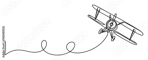 Minimalist biplane airplane in continuous line drawing style soaring across the sky, leaving a whimsical looping path, perfect for travel industry promotions and aviation themed media