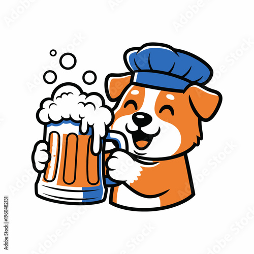 Happy cartoon dog chef holding a frothy beer mug.