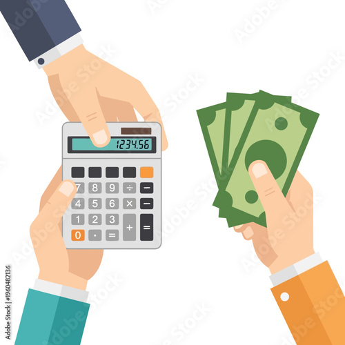 Hands exchanging money and calculator, financial transaction, business, payment, accounting concept