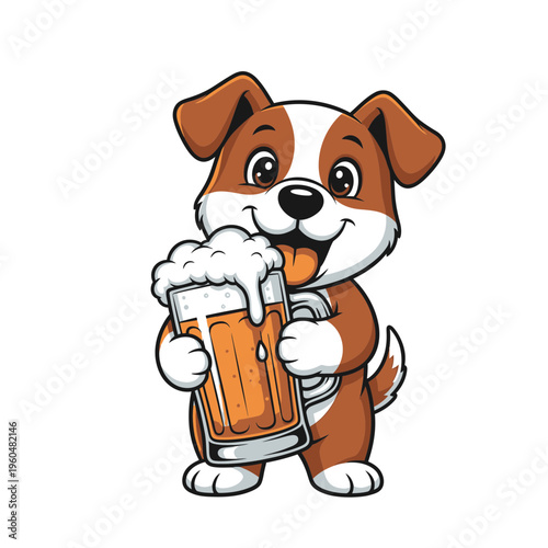 Adorable cartoon dog holding a frothy glass of beer.
