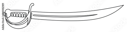 A classic curved pirate cutlass with a detailed hilt guard rendered in a clean line drawing style, perfect for historical adventure graphics, educational material, or themed event