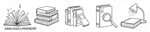 Diverse black and white outline sketches of various books, a magnifying glass, and a reading lamp, excellent for academic publications, library posters, and educational materials.