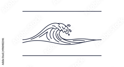 Minimalist ocean wave line art illustration depicting breaking surf and water splashes on white