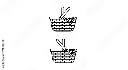 Minimalist line art illustration of traditional outdoor picnic baskets ready for leisure activities