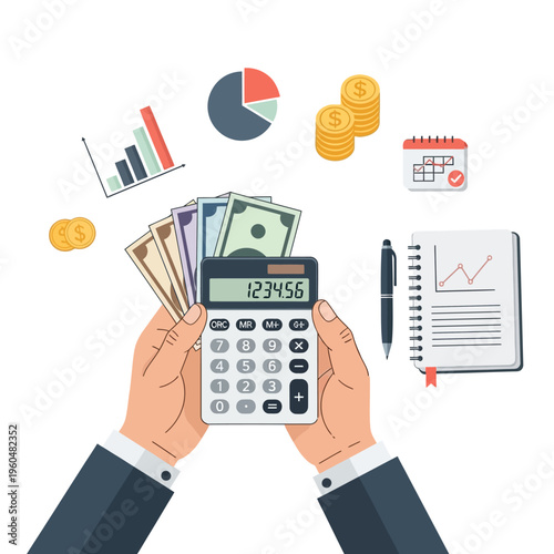 Hands holding calculator and money with financial charts, calendar, and coins
