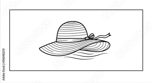 Charming line art illustration of a fashionable summer hat drifting serenely on gentle waves