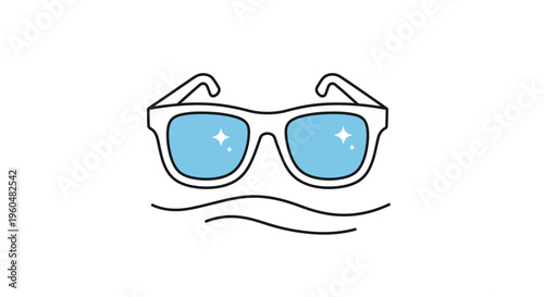 Cool summer sunglasses with sparkling blue lenses on wavy lines minimalist line art illustration