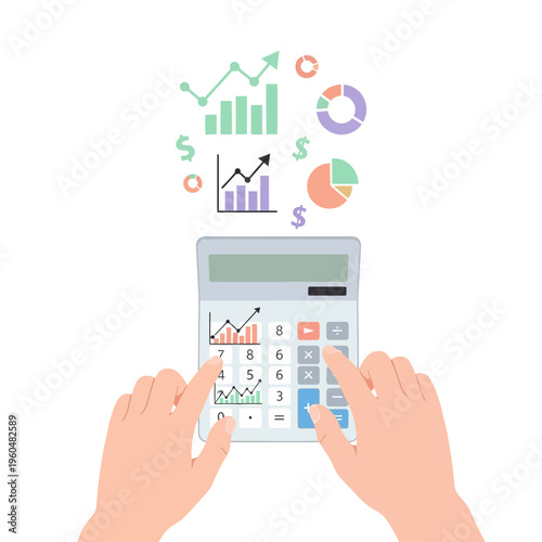 Hands using calculator with financial charts and graphs, business analytics concept