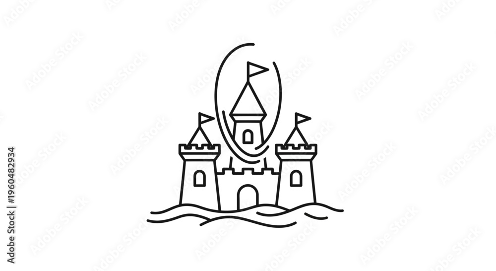 Naklejka premium Minimalist outline illustration of a playful sandcastle featuring three distinct flag-topped