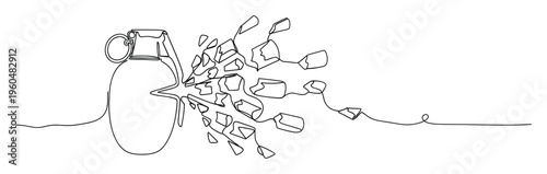 Continuous line drawing depicting a hand grenade exploding into fragments, symbolizing conflict, violence, or breaking apart, suitable for editorial content, news graphics, or conceptual