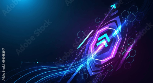 Abstract digital art depicting upward trending arrows within a hexagonal shape, symbolizing growth and progress in technology.