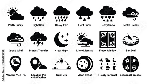 Comprehensive weather and meteorological forecast icon set depicting various atmospheric conditions and celestial events for mobile applications and information displays