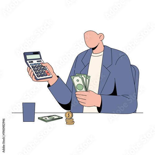 Man calculating money with calculator and banknotes at desk, finance concept illustration