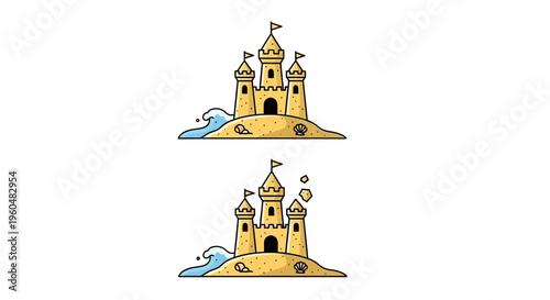 Illustrative depiction of beach sandcastles, one standing strong while another begins to crumble