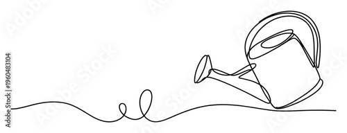 Minimalist single continuous line drawing of a garden watering can symbolizing growth and nature, ideal for gardening blogs, home decor concepts, and springtime environmental themes.
