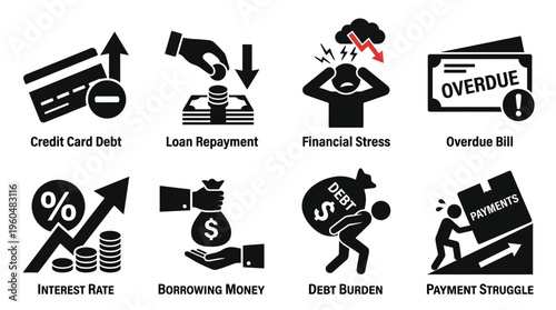Debt Burden & Financial Hardship Vector Icon Set – Bold Vectors Featuring Credit Card Trouble, Overdue Bills, High Interest Rates, Emotional Stress, and Payment Struggles
