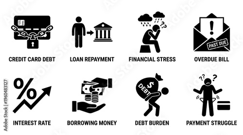 Debt Burden & Financial Hardship Vector Icon Set – Bold Vectors Featuring Credit Card Trouble, Overdue Bills, High Interest Rates, Emotional Stress, and Payment Struggles