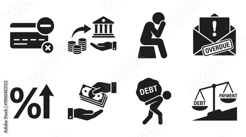Debt Burden & Financial Hardship Vector Icon Set – Bold Vectors Featuring Credit Card Trouble, Overdue Bills, High Interest Rates, Emotional Stress, and Payment Struggles