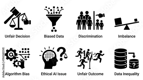 AI Ethics & Algorithmic Fairness Vector Icon Set – Insightful Vectors Featuring Biased Data, Unfair Decisions, Discrimination, Imbalance, Ethical Issues, and Data Inequality