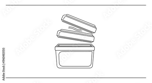Minimalist linear icon depicting an open food container with a gently lifted lid for freshness