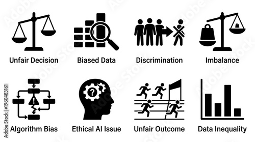 AI Ethics & Algorithmic Fairness Vector Icon Set – Insightful Vectors Featuring Biased Data, Unfair Decisions, Discrimination, Imbalance, Ethical Issues, and Data Inequality