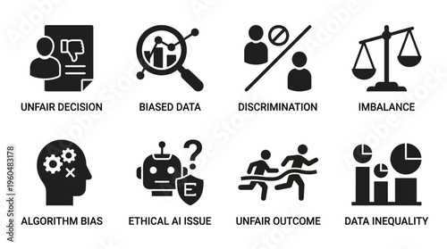 AI Ethics & Algorithmic Fairness Vector Icon Set – Insightful Vectors Featuring Biased Data, Unfair Decisions, Discrimination, Imbalance, Ethical Issues, and Data Inequality