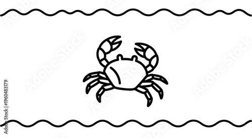 Minimalist black outline drawing of a vibrant marine crab accompanied by wavy water lines