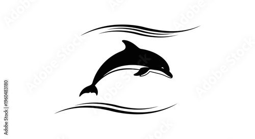 Dynamic leaping dolphin silhouette with stylized waves capturing aquatic grace and freedom of the