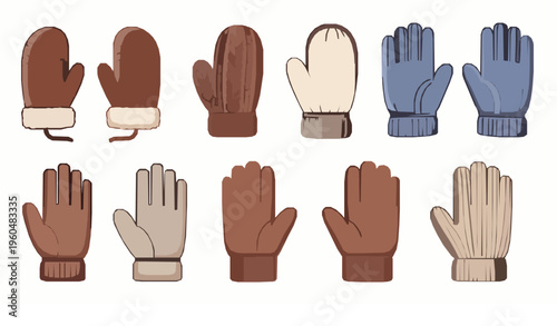 Cold season winter gloves cartoon vector clothing set