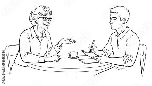 An experienced older woman advises a young man who is attentively taking notes during a oneonone professional consultation, suitable for showcasing mentorship or business interviews.