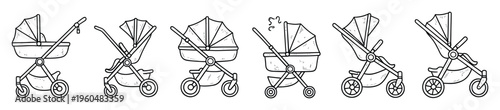 Collection of various hand drawn baby strollers and prams, perfect for child care guides, parenting blogs, maternity store promotions, or nursery room themed projects