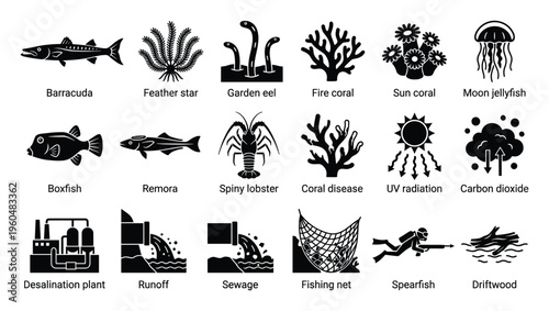 A comprehensive collection of marine life and environmental issue icons perfect for educational presentations, conservation campaigns, and oceanography infographics