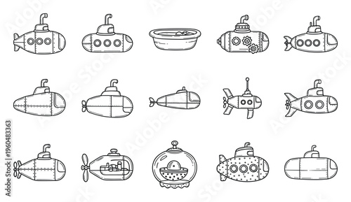 Doodle line drawings collection of various submarines, sea exploration vehicles, and peculiar objects suitable for creative projects, educational resources, and engaging visual