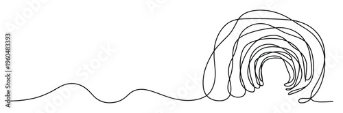 Dynamic continuous black line drawing creating an abstract wavy path evolving into a layered arc tunnel shape for modern graphic design branding or presentation backgrounds