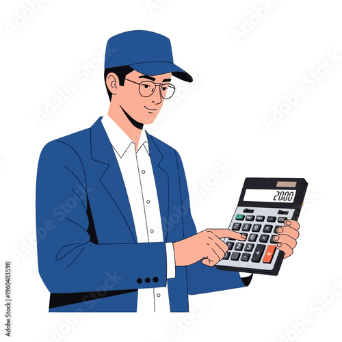 Man in Blue Suit Calculating with Calculator, Business and Finance Concept