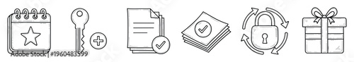 Hand drawn doodle line art icons representing business planning, task completion, security updates, and gift rewards, perfect for web graphic interfaces and minimalist presentations.